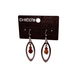 Vintage 1990s Chico’s Silver Oval Amber Bead Dangle Earrings Modern Minimalist